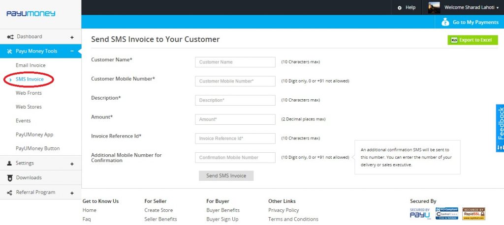 Payumoney SMS invoice